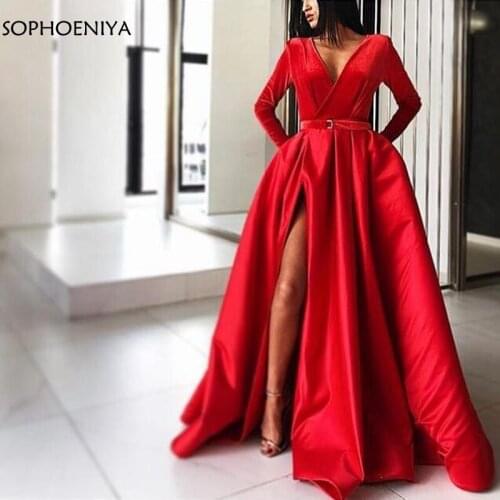 New Arrival V Neck Red Long sleeve evening dress 2020 abiye Sexy Slit side formal dress Long dresses evening Robe soiree