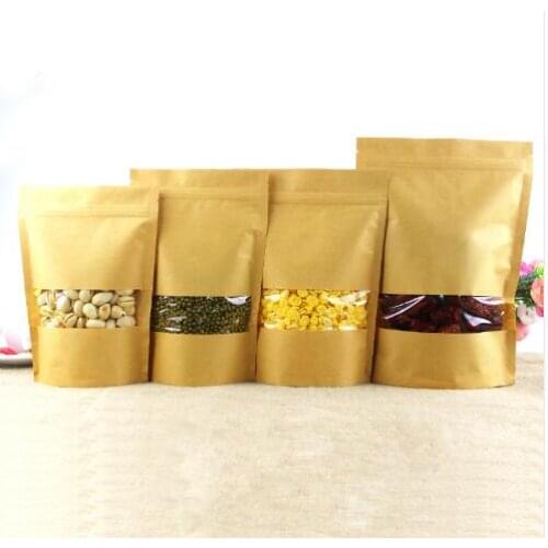 100pcs Kraft Paper Bag Zip Lock Bag with Window Gift Bag Tea Packaging Food Stand Up Pouches Zipper Kraft Bag Free shipping