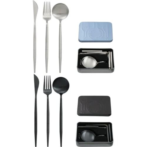 77JE 3 Pcs/Set Portable Reusable Travel Cutlery Set Stainless Steel Flatware with Storage Case Eco-Friendly Spoon Fork Knife