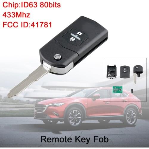 433Mhz 2 Buttons Flip Car Remote Key Keyless Entry Key with ID63 80Bit Chip 41781 Fit for Mazda 3 / BT-50