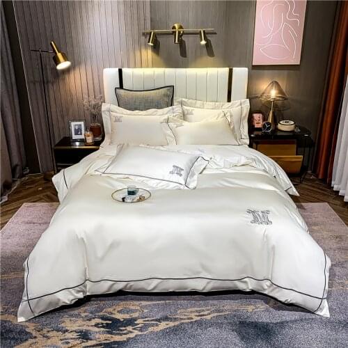 600TC Cotton Bedding Sets Queen King Size Embroidery M Duvet Cover Flat/Fitted Sheet With Rubber Pillowcase