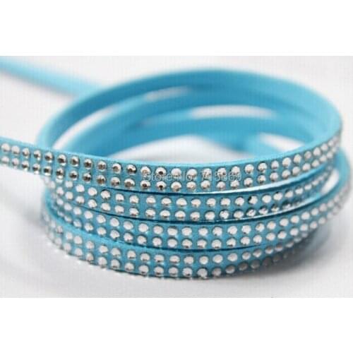 Free Ship 100 Meterse 5mm*1.5mm Baby Blue Flat Faux Suede Leather Cord With Two Lines Silver Studs