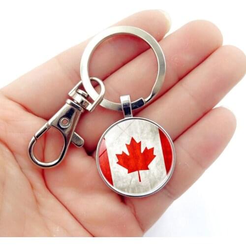 WG 1pc Vintage Canadian Flag Pendant Cabochon Glass Ball Keyrings Keychain Time Gem&stone Keychain Jewelry For Women