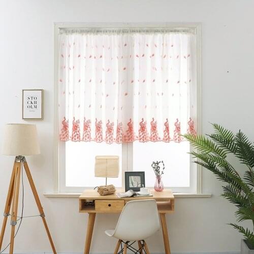 Short Curtain Valance Pelmet Voile Curtains Embroidered Peacock Feather Sheer Tulle For Home Living Room Balcony Window Screen