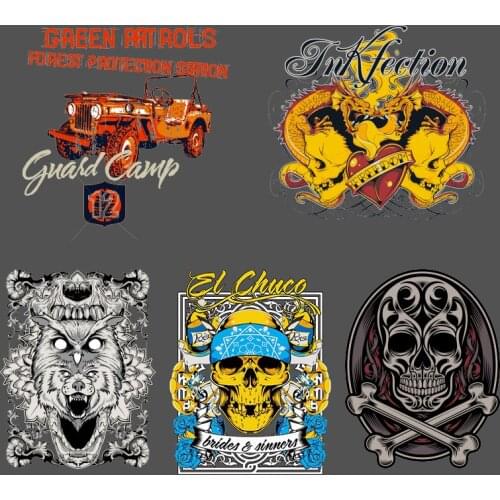 Hot New Grotesque Skull Wolf，Dragon And Car Pattern DIY Appliques Washable rinted Ironing For Clothing Thermal Stickers