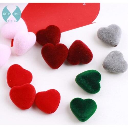 Hair beaded material High quality flocking plush hearts double hole straight hole beads diy earrings accessories by hand