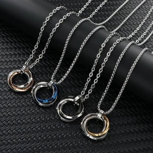 Fashion Geometry 3-Color Circle Pendant Necklace Stainless Steel Blue Black Rose Gold Couple Necklace Mens Party Jewelry Gift