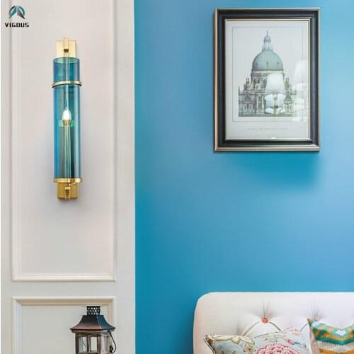 Luxury Modern Plate Gold Metal Lustre Led E14 Wall Lamp Living Room H62cm Blue Glass Luminaria Led Wall Scones Lighting Fixtures
