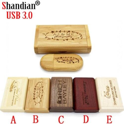 SHANDIAN free custom logo USB 3.0 wooden usb + Box Personal LOGO pen drive 64GB 16GB 32GB usb Flash Drive pendrive Memory stick