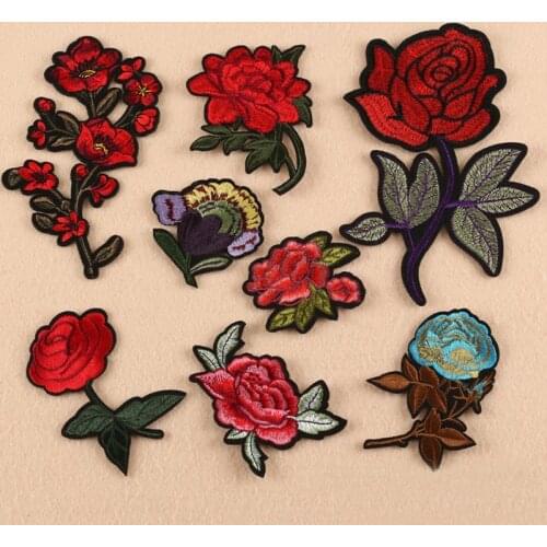 Thermo Adhesive Rose Peony Flower Embroidery Patches for Clothing Iron on Clothes Dress Jeans Appliques Badge Stripe Sticker Diy