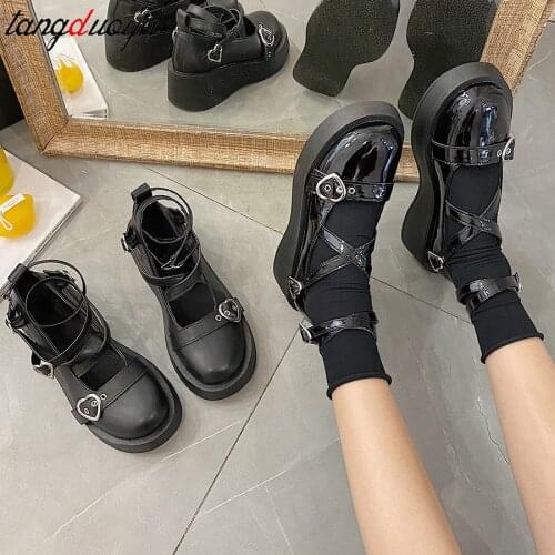 Women Mary Jane Lolita Cosplay Shoes Female Pumps Round Toe Thick Heels Cross tied Buckle Strap Woman 2021 Platform Ladies Shoes