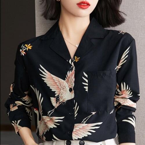 Retro Crane Printed Women Shirt Tops Elegant Long Sleeve Ladies Blouse Polo Collar Female Clothing Casual Chemisier Femme 16207
