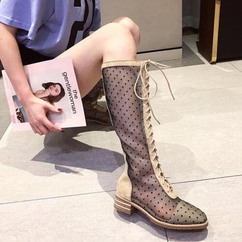 2020 Summer Boots New Perspective Polka Dot Hollow Sandals Mesh Low Heel Women Shoes Sexy Cross Lace Up High Boots Women