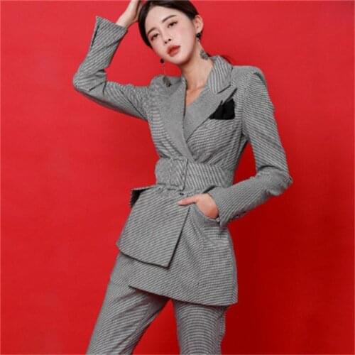 Fashion Women pants Suit women work wear spring New Double Breasted Women Plaid belt Blazer Set Women Casual pant Two-piece Set