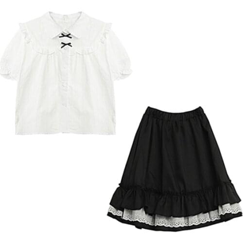 2 Piece Sets for Women Ruffled Bow Shirt Cake Skirt Japanese Style Kawaii Girl Cute Set Summer Outfits Sweet Tops Mini Skirts