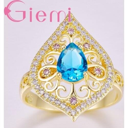 Retro New Arrival Colorful Waterdrop CZ Zircon Ring Elegant 925 Sterling Silver Blue Rainbow Wedding Cocktail Ring Party