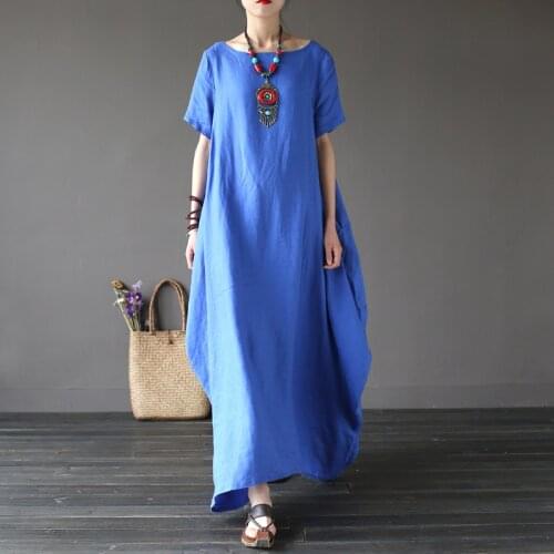 2016 Summer Women Pure Linen Short Sleeve Round neck Dress Robes Loose Plus Size Ankle length Dress Solid Color Dress