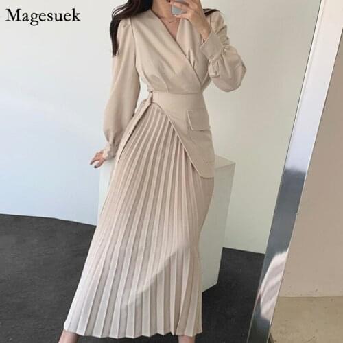 Spring Autumn New V-neck Sexy Dress Women Elegant Side Buckle Pleated Dress A-Line Office Lady Dresses For Women Vestidos 12789