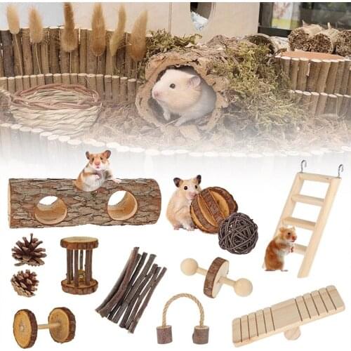 12PCS/Set Natural Wood Mini Hamster Toy Set Exercise Chew Teeth Care Molar Chewing Toy Small Pet Products Chinchilla Pet Toy