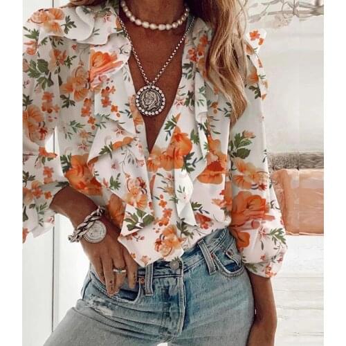 2021 Spring Elegant Floral Print Loose Blouse Shirts Women Sexy V-Neck Ruffle Tops Office Lady Summer Casual Long Sleeve