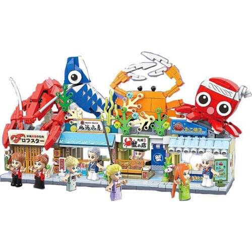 4 Models Happy Street View Series Building Blocks Japanese Food Aquatic Products Shop Crab Octopus Figures Bricks Toys Children