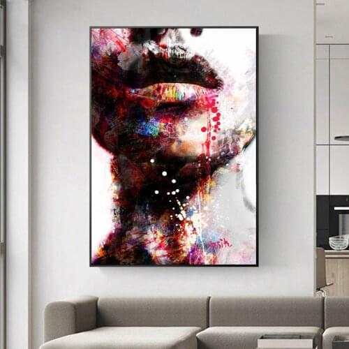 Abstract Girl Griffiti Portrait Sexy Lips Pop Art Canvas Painting Cuadros Posters and Prints Wall Art Pictures for Living Room