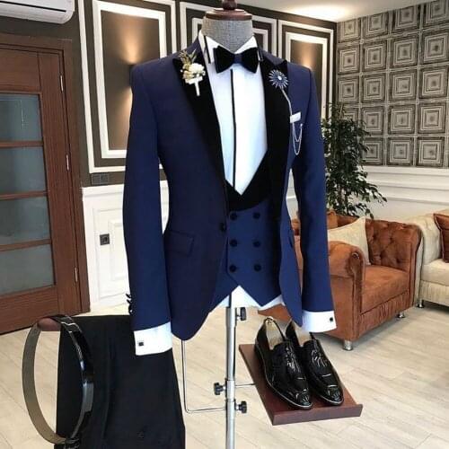 Custom Made Navy Blue Black Lapel Suits For Men Terno Slim Groom Tuxedo 3 Piece Wedding Mens Suit Masculino Jacket+Pant+Vest+Bow