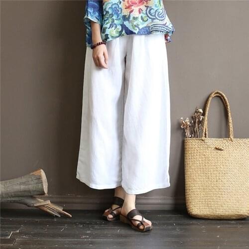 Johnature 2021 New Spring Ankle-length Pants Casual Loose Elastic Waist Solid Wide Leg Pants Cotton Comfortable Women Trousers