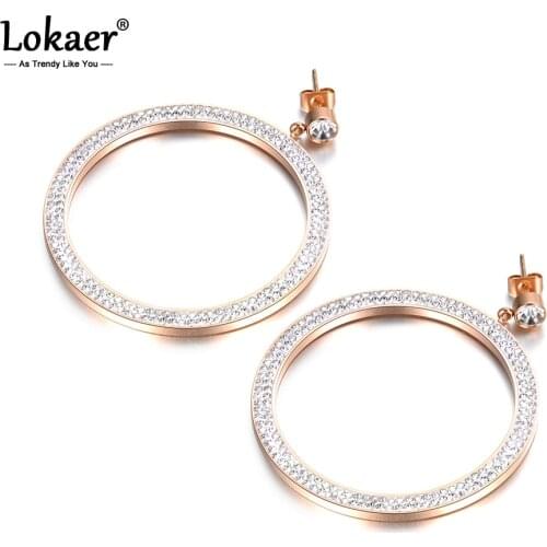 Lokaer Hyperbole Big Circle Crystals Mosaic Earrings Stainless Steel Jewelry Bijoux Brincos Pendientes Mujer E18083