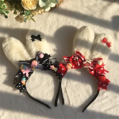 Lolita cute handmade red black plush rabbit ears Christmas kc sweet Japanese headdress