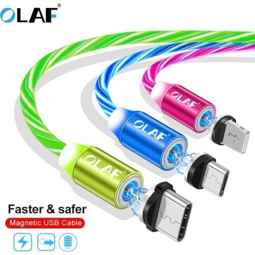 OLAF Flow Luminous Lighting Magnetic USB Cable For iPhone XR X 7 8 Micro Type C Charger Fast Charging Magnet Charge USB-C Type-C