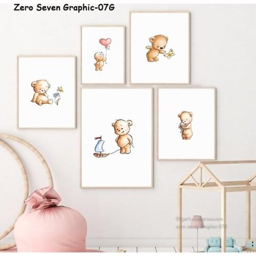Lovely Watercolor Baby Bear With Heart Balloon Butterfly Canvas Printing Poster Nursery Wall Art Picture Kids Room Decoration
