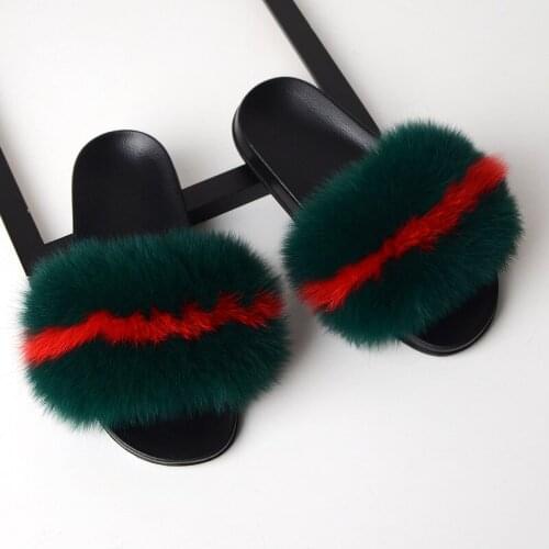 New Women Fox Fur Slippers Real Fox hair Slides Female Furry Indoor Flip Flops Casual Beach Sandals Fluffy Plush Shoes