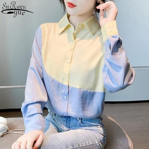 2021 Autumn Stitching Shirt Korean Style Temperament All-match Long-Sleeve Womens Blouse Lapel Women Blouses Camisa 11047