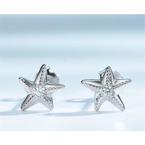 Starfish Stud Earrings Star Cute Lovely Sweet Simple Clear CZ Real 925 Sterling Silver Earrings For Women Girls Fine Jewelry