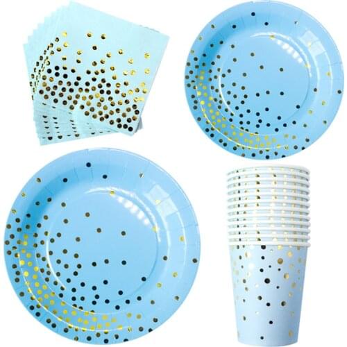 Blue Gold Dot Plates Cups Napkins Disposable Tableware for Happy Birthday Party Supplies Wedding Bronzing Dot Party Favors