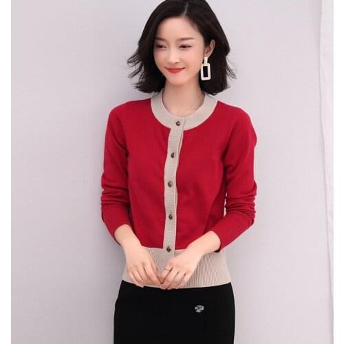 Preppy Style Contrast Color Knit Cardigans Sweater Women Crew Neck Elegant Thicked Pull Femme Print Short Casual Coat Tops New