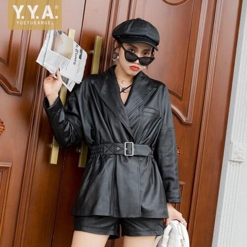 Women Leather Suits Jacket Belted Elastic Waist Slim Fit Office Ladies Sheepskin Blazer Coat Long Sleeve Genuine Leather Jacket