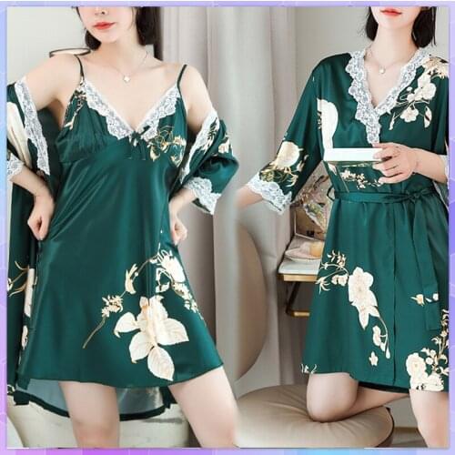 Crane Print Sexy Dress Robe Women Pajama Sets Nightgown Ice Silk Long Sleeve Kimono Bathrobe Bride Bridesmaid Wedding Robes Suit