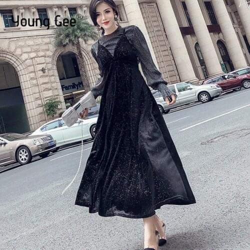 Young Gee Glitter Mesh Top + Spaghetti Strap Dress Women Sexy Deep V Neck Velvet Knee-length Black Dresses Vestidos robe femme