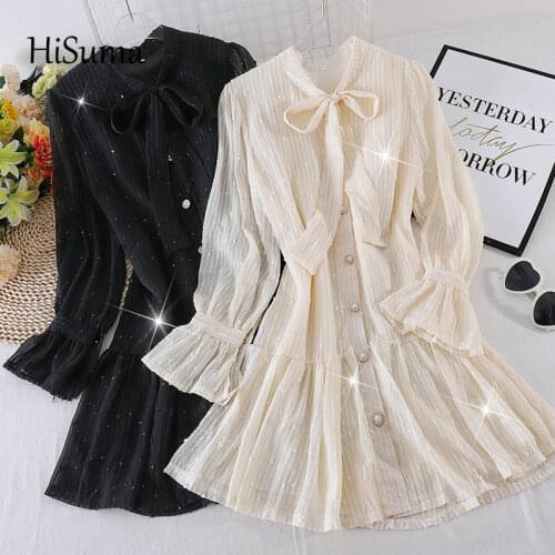 2020 autumn winter new women O-neck lace-up bow single breasted flare sleeve ruffles dress female elegant A-line dresses