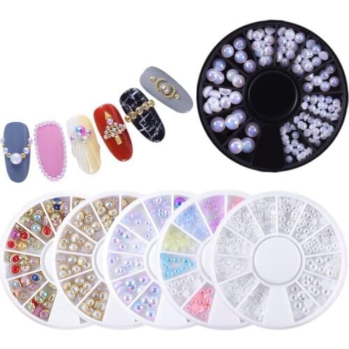 1 Box Mix Sizes AB Colorful Nail Art Tips Half Pearls 3D Nail Beads Rhinestone DIY Nails Decoration Accessories