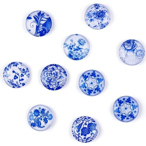 10 PCs 10x4mm Steel Blue and White Porcelain Series Half Round Dome Floral Flower Printed Glass Cabochons for DIY Snap Bottons