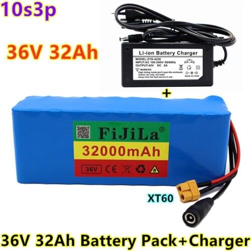 36V battery 10S3P 32Ah 18650 lithium battery pack 42V Ebike electric bicycle built-in 30A BMS and fuse device 250W-600W+charger