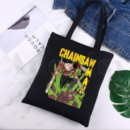 Anime Chainsaw Man Manga Pochita Makima Graphic Black Canvas Print Shopping Bags Girls Fashion Life Casual Pacakge Hand Bag