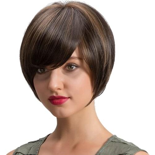 Side Bangs Short Bob Style Blonde Highlights Dark Brown Wig Womens Full Wig