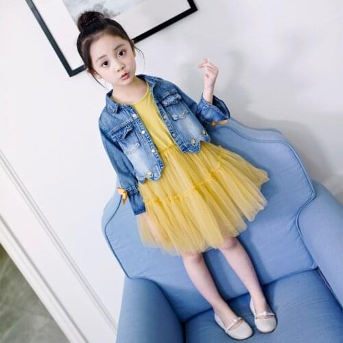 Autumn Childrens Clothing Suit Girls Fashion Bowknot Denim Jacket Candy Colored Tulle Dress two pieces Retail SIZE 3-15Year
