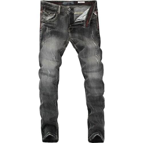 2021 New Vintage Designer Men Jeans Black Gray Color Slim Fit Ripped Jeans Homme 100% Cotton Denim Pants Brand Biker Jeans