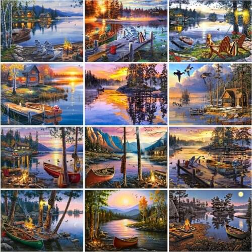 Evershine 5D DIY Diamond Embroidery River Rhinestone Art Diamond Painting Boat Landscape Cross Stitch Nature Home Decor Gift