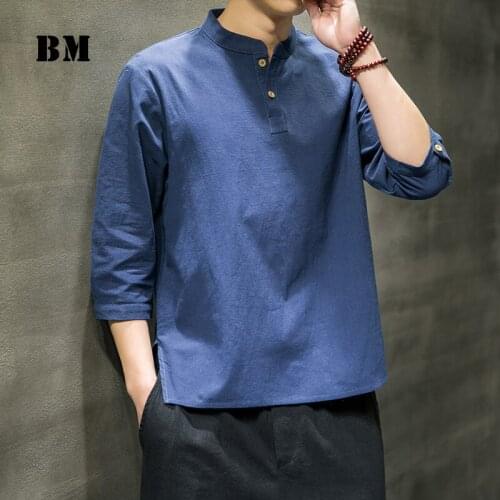 Chinese Style Summer Three Quarter Sleeve T Shirt Harajuku Retro Stand Collar Short Sleeves Men Clothing Plus Size Tops Male